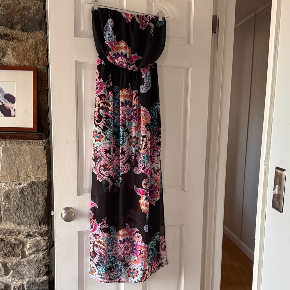 Express Strapless Maxi Dress in Black with Pink, Turquoise & Orange Paisley